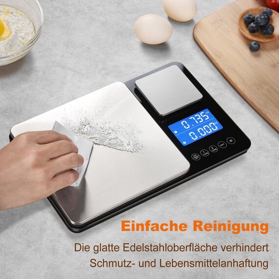 Küchenwaage Digital mit Dual Plattform,7 Einheiten,15kg/33 lbs, LCD Display,Tara Funktion,Digitalwaage mit zwei Messbereichen,Präzise Briefwaage,Feinwaage für Sauerteigbrot Backen Kochen Doppelwaage