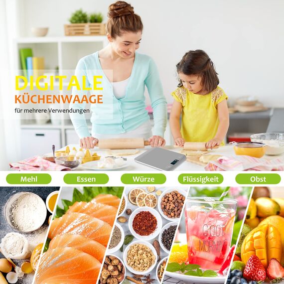 Küchenwaage Digital, 10KG Küchenwaage mit LCD Display und Tara Funktion, Professionelle Digitalwaagen zum Backen und Kochen, Genau 1g - (Grau)