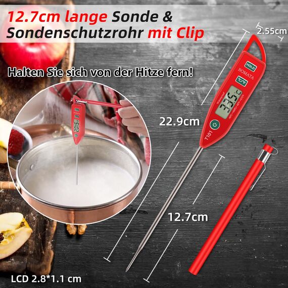 BOMATA Wasserdichtes IPX7 Thermometer, geeignet für Wasser, Flüssigkeiten,Kerzen und Kochen.Sofort ablesbares Lebensmittelthermometer mit langer Sonde,geeignet für Kochen,Fleisch,Grillen!T101 rot…