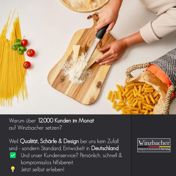 Winzbacher - Premium Zester Reibe I Parmesanreibe, Zitronenreibe, Muskatnuss Reibe, Ingwerreibe u.v.m. I rasiermesserscharfe Edelstahl Klinge I Spülmaschinenfest I inkl. Schụtz & Reinigungsbürste