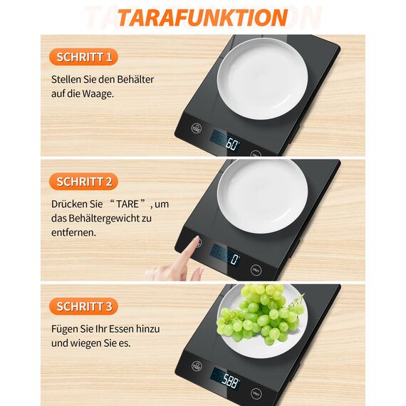 Küchenwaage Digital 10KG Küchenwaagen Glas Digitale Waage Wasserdicht Elektronische Haushaltswaage zum Backen, Tara Funktion, Touch-Taste, 1g Genaue - Grau