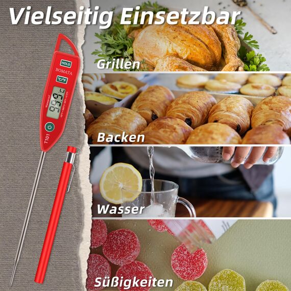 BOMATA Wasserdichtes IPX7 Thermometer, geeignet für Wasser, Flüssigkeiten,Kerzen und Kochen.Sofort ablesbares Lebensmittelthermometer mit langer Sonde,geeignet für Kochen,Fleisch,Grillen!T101 rot…