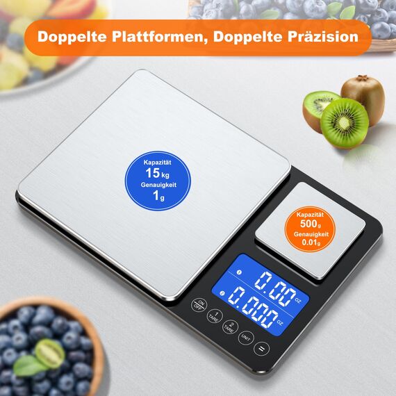 Küchenwaage Digital mit Dual Plattform,7 Einheiten,15kg/33 lbs, LCD Display,Tara Funktion,Digitalwaage mit zwei Messbereichen,Präzise Briefwaage,Feinwaage für Sauerteigbrot Backen Kochen Doppelwaage