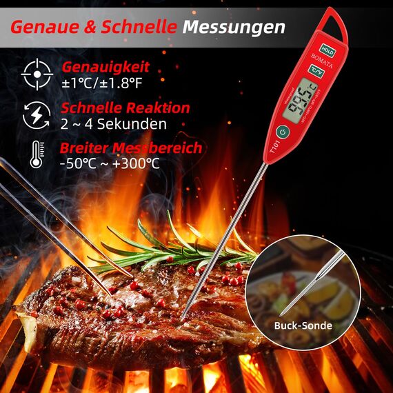 BOMATA Wasserdichtes IPX7 Thermometer, geeignet für Wasser, Flüssigkeiten,Kerzen und Kochen.Sofort ablesbares Lebensmittelthermometer mit langer Sonde,geeignet für Kochen,Fleisch,Grillen!T101 rot…