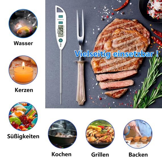 BOMATA Wasserdichtes IPX7 Thermometer, geeignet für Wasser, Flüssigkeiten,Kerzen und Kochen.Sofort ablesbares Lebensmittelthermometer mit langer Sonde,geeignet für Kochen,Fleisch,Grillen!T101 weiß…