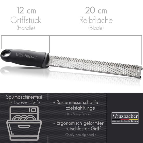 Winzbacher - Premium Zester Reibe I Parmesanreibe, Zitronenreibe, Muskatnuss Reibe, Ingwerreibe u.v.m. I rasiermesserscharfe Edelstahl Klinge I Spülmaschinenfest I inkl. Schụtz & Reinigungsbürste