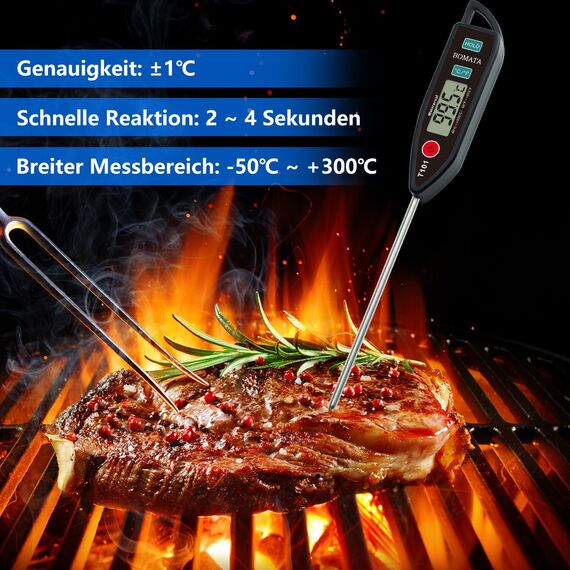 BOMATA Wasserdichtes IPX7 Thermometer, geeignet für Wasser, Flüssigkeiten,Kerzen und Kochen.Sofort ablesbares Lebensmittelthermometer mit langer Sonde,geeignet für Kochen,Fleisch,Grillen!T101 schwarz