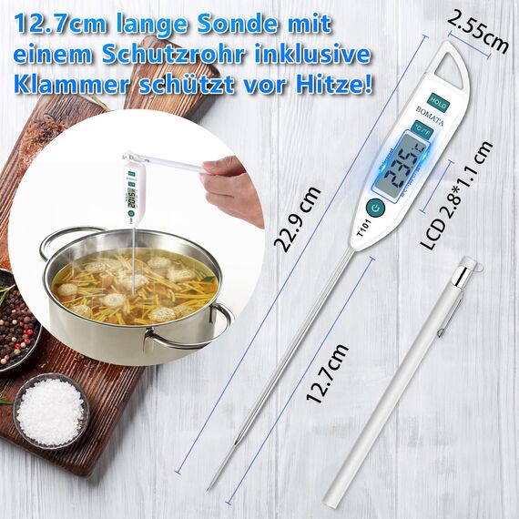 BOMATA Wasserdichtes IPX7 Thermometer, geeignet für Wasser, Flüssigkeiten,Kerzen und Kochen.Sofort ablesbares Lebensmittelthermometer mit langer Sonde,geeignet für Kochen,Fleisch,Grillen!T101 weiß…