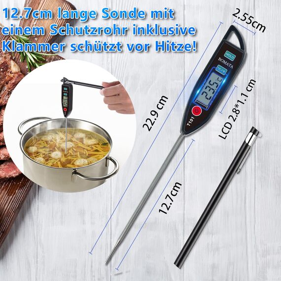 BOMATA Wasserdichtes IPX7 Thermometer, geeignet für Wasser, Flüssigkeiten,Kerzen und Kochen.Sofort ablesbares Lebensmittelthermometer mit langer Sonde,geeignet für Kochen,Fleisch,Grillen!T101 schwarz