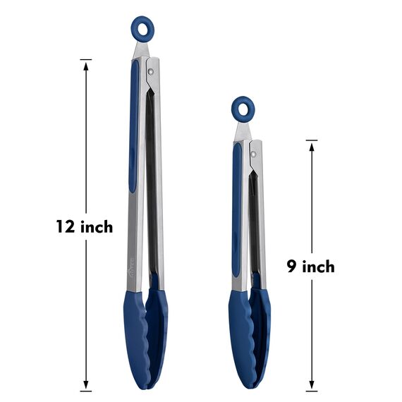 HOTEC Premium Küchenzange aus Edelstahl mit Silikonspitzen, 2 Stück - 22,9 cm und 30,5 cm, klassisches Blau