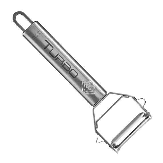 TURBO PRODUKTE Sparschäler-Universalschäler Edelstahl für Obst & Gemüse - Vor-und Rückwärts mit Pendelklinge für Links- & Rechtshänder - 3in1 Funktion (Edelstahl, 1 Stück)