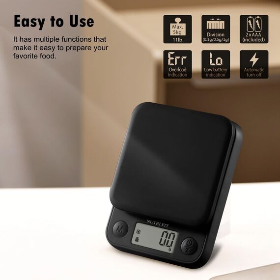 NUTRI FIT Digitale Mini Küchenwaage aus Kunststoff, Tragbare Lebensmittelwaage zum Backen Kochen, 5kg/11lb, großes LCD-Display, 2*AAA Batterien- Schwarz