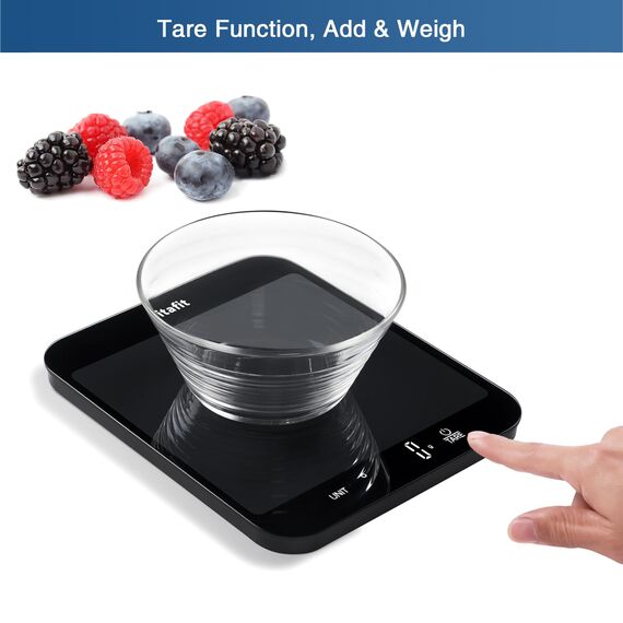 Vitafit 15kg Küchenwaage Digital, Hohe Genauigkeit 1g durch Unser Professionelle Fabrik Seit 2001, Waage Küche zum Kochen und Backen, Große Plattform 215x180mm, 3 AAA-Batterien, Schwarz