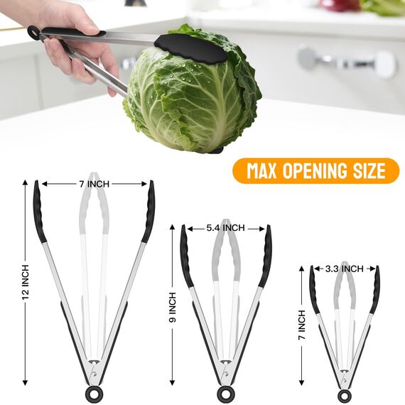 HOTEC Premium Edelstahl Küchenzange mit Silikon Spitzen, Grillzange Set of 3-18 cm, 23 cm und 30,5 cm Schwarz