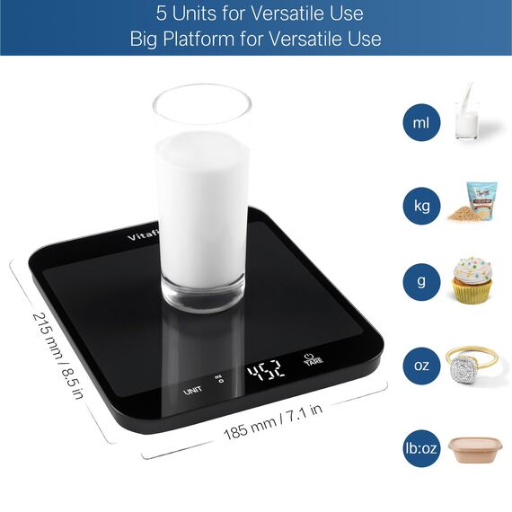 Vitafit 15kg Küchenwaage Digital, Hohe Genauigkeit 1g durch Unser Professionelle Fabrik Seit 2001, Waage Küche zum Kochen und Backen, Große Plattform 215x180mm, 3 AAA-Batterien, Schwarz