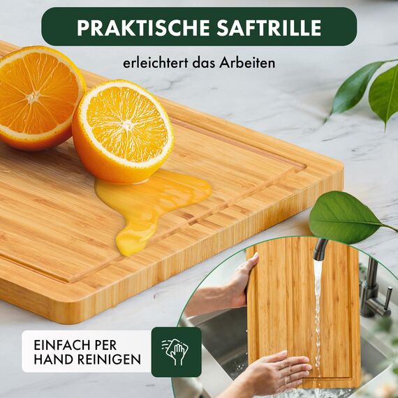 Blumtal Schneidebrett aus 100% Bambus L - 2cm dickes Holzbrett antibakteriell - massives Schneidebrett Holz + Saftrille - Holzschneidebrett 38x25x2cm - Alternative zu Kunststoff