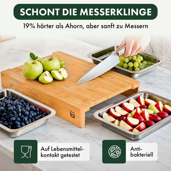 Blumtal Schneidebrett aus 100% Bambus mit 3 Auffangschalen aus Edelstahl (ofengeeignet) - antibakterielles Holz-Brett 40x28,5 cm - Holz-Brettchen - messerschonendes Bambus Schneidebrett