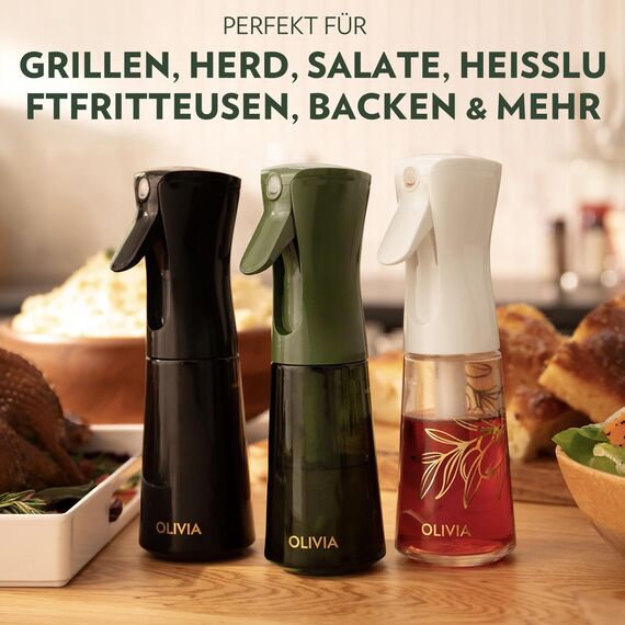 FLAIROSOL OLIVIA 200ml Glas-Ölsprüher - Kontinuierliche Ölsprühtechnik mit Portionskontrolle - Vielseitiger Ölzerstäuber zum Kochen, Salat, Grillen, Backen und für weitere Szenarien (Grün)
