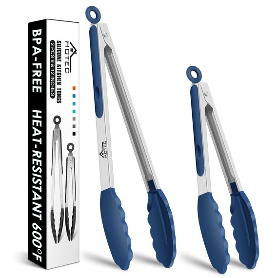HOTEC Premium Küchenzange aus Edelstahl mit Silikonspitzen, 2 Stück - 22,9 cm und 30,5 cm, klassisches Blau