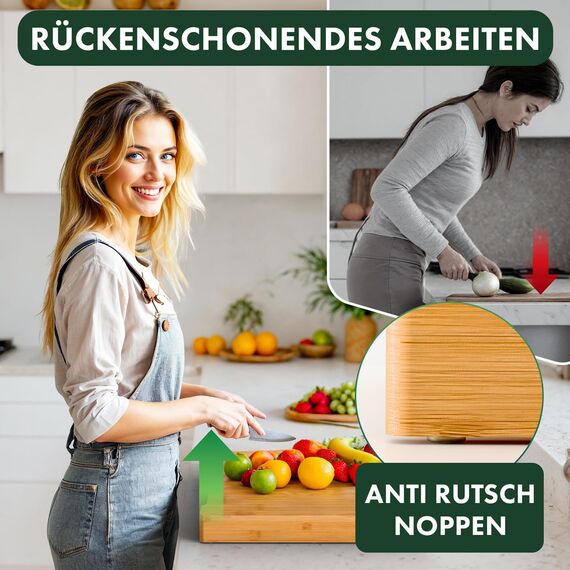 Blumtal Schneidebrett aus 100% Bambus mit 3 Auffangschalen aus Edelstahl (ofengeeignet) - antibakterielles Holz-Brett 40x28,5 cm - Holz-Brettchen - messerschonendes Bambus Schneidebrett