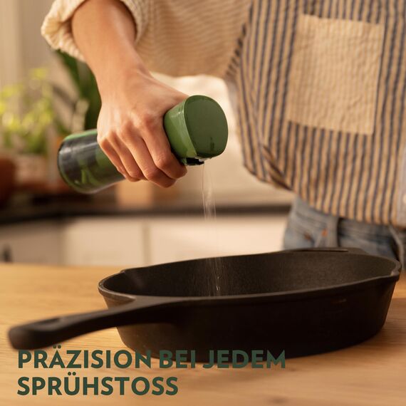 FLAIROSOL OLIVIA 200ml Glas-Ölsprüher - Kontinuierliche Ölsprühtechnik mit Portionskontrolle - Vielseitiger Ölzerstäuber zum Kochen, Salat, Grillen, Backen und für weitere Szenarien (Grün)