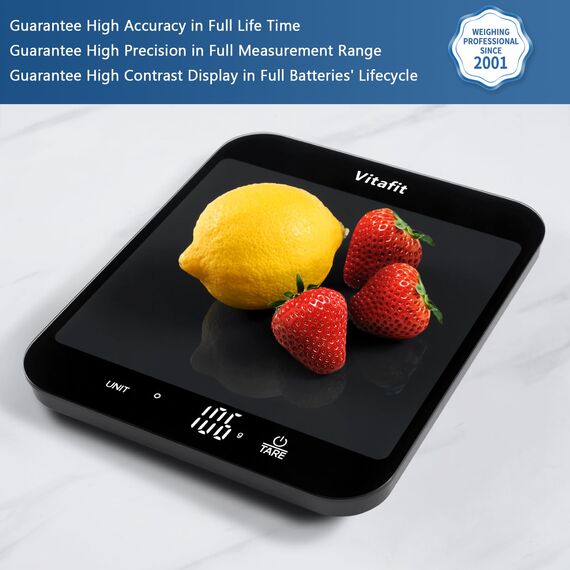 Vitafit 15kg Küchenwaage Digital, Hohe Genauigkeit 1g durch Unser Professionelle Fabrik Seit 2001, Waage Küche zum Kochen und Backen, Große Plattform 215x180mm, 3 AAA-Batterien, Schwarz