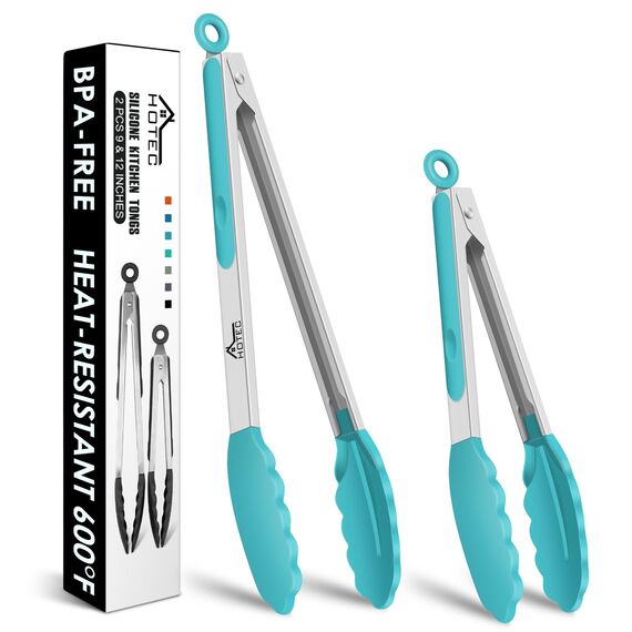 HOTEC Premium-Küchenzange aus Edelstahl, mit Verriegelung, Kochzange mit Silikonspitze, 2er-Set, 22,9 cm und 30,5 cm lange Zangen, Blau