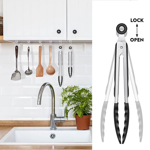 HOTEC Premium Edelstahl Küchenzange mit Silikon Spitzen, Grillzange Set of 3-18 cm, 23 cm und 30,5 cm Schwarz