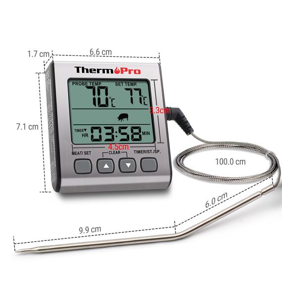 ThermoPro Digitales Fleischthermometer Grillthermometer Bratenthermometer Ofenthermometer mit Timer und Hinterbeleuchtung Temperaturbereich bis 300°C Küchenthermometer für BBQ Grill Smoker