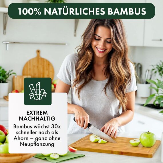 Blumtal Schneidebrett aus 100% Bambus L - 2cm dickes Holzbrett antibakteriell - massives Schneidebrett Holz + Saftrille - Holzschneidebrett 38x25x2cm - Alternative zu Kunststoff