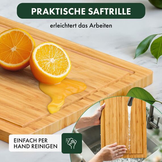 Blumtal Schneidebrett aus 100% Bambus XXL - 2cm dickes Holzbrett antibakteriell - massives Schneidebrett Holz + Saftrille - Holzschneidebrett 45x30x2cm - Alternative zu Kunststoff