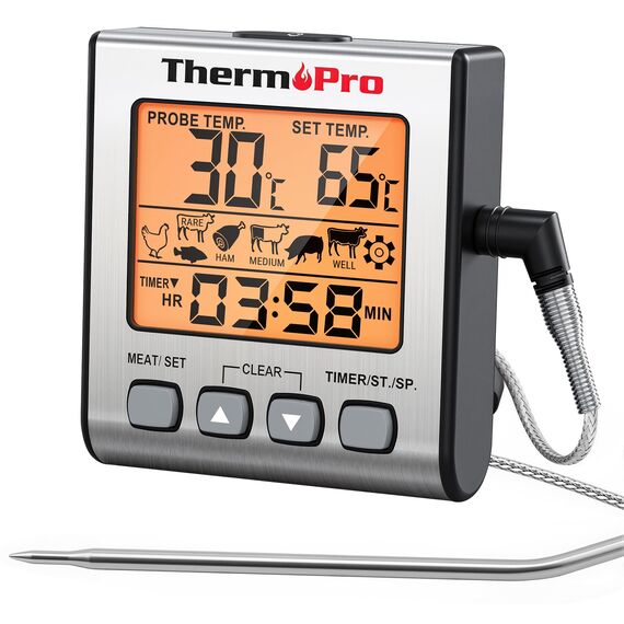 ThermoPro Digitales Fleischthermometer Grillthermometer Bratenthermometer Ofenthermometer mit Timer und Hinterbeleuchtung Temperaturbereich bis 300°C Küchenthermometer für BBQ Grill Smoker