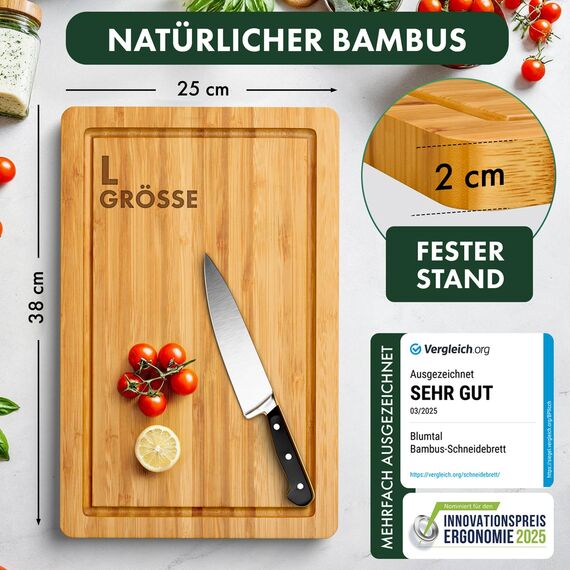 Blumtal Schneidebrett aus 100% Bambus L - 2cm dickes Holzbrett antibakteriell - massives Schneidebrett Holz + Saftrille - Holzschneidebrett 38x25x2cm - Alternative zu Kunststoff