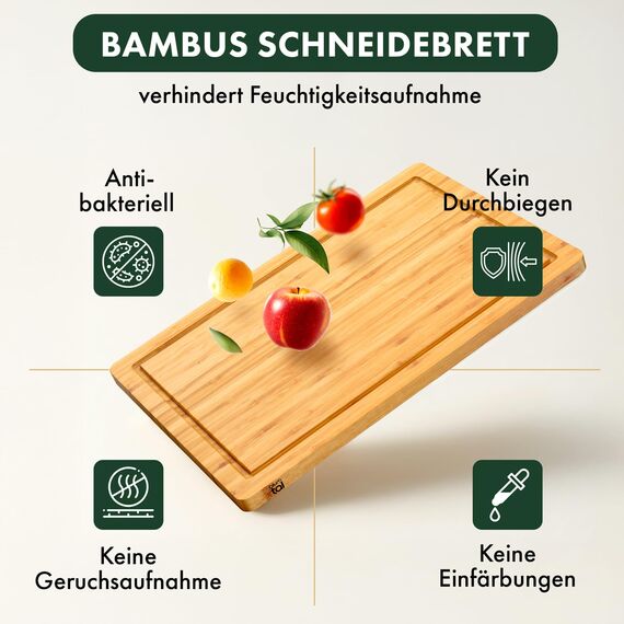 Blumtal Schneidebrett aus 100% Bambus XXL - 2cm dickes Holzbrett antibakteriell - massives Schneidebrett Holz + Saftrille - Holzschneidebrett 45x30x2cm - Alternative zu Kunststoff