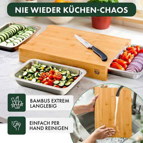 Blumtal Schneidebrett aus 100% Bambus mit 3 Auffangschalen aus Edelstahl (ofengeeignet) - antibakterielles Holz-Brett 40x28,5 cm - Holz-Brettchen - messerschonendes Bambus Schneidebrett