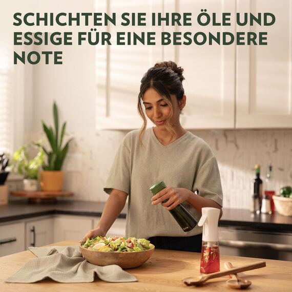 FLAIROSOL OLIVIA 200ml Glas-Ölsprüher - Kontinuierliche Ölsprühtechnik mit Portionskontrolle - Vielseitiger Ölzerstäuber zum Kochen, Salat, Grillen, Backen und für weitere Szenarien (Grün)