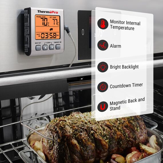 ThermoPro Digitales Fleischthermometer Grillthermometer Bratenthermometer Ofenthermometer mit Timer und Hinterbeleuchtung Temperaturbereich bis 300°C Küchenthermometer für BBQ Grill Smoker