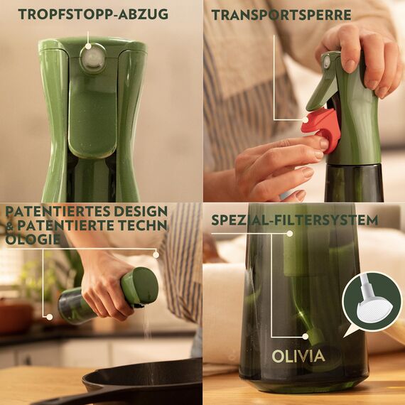 FLAIROSOL OLIVIA 200ml Glas-Ölsprüher - Kontinuierliche Ölsprühtechnik mit Portionskontrolle - Vielseitiger Ölzerstäuber zum Kochen, Salat, Grillen, Backen und für weitere Szenarien (Grün)