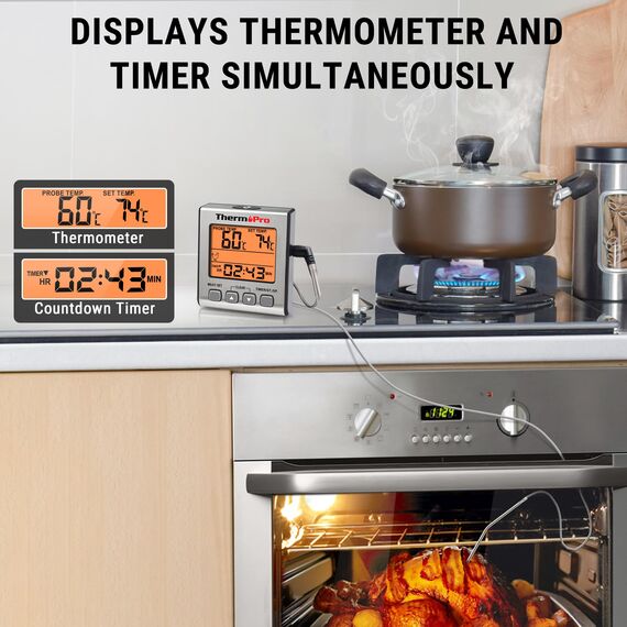 ThermoPro Digitales Fleischthermometer Grillthermometer Bratenthermometer Ofenthermometer mit Timer und Hinterbeleuchtung Temperaturbereich bis 300°C Küchenthermometer für BBQ Grill Smoker