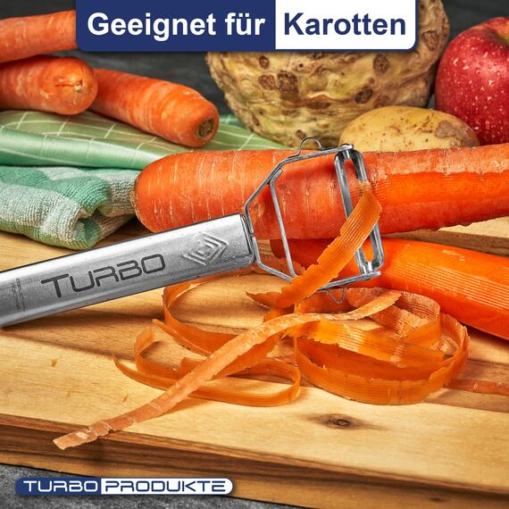 TURBO PRODUKTE Sparschäler-Universalschäler Edelstahl für Obst & Gemüse - Vor-und Rückwärts mit Pendelklinge für Links- & Rechtshänder - 3in1 Funktion (Edelstahl, 1 Stück)