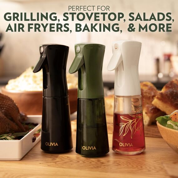 FLAIROSOL OLIVIA 200ml Glas-Ölsprüher - Kontinuierliche Ölsprühtechnik mit Portionskontrolle - Vielseitiger Ölzerstäuber zum Kochen, Salat, Grillen, Backen und für weitere Szenarien (Goldene Blätter)
