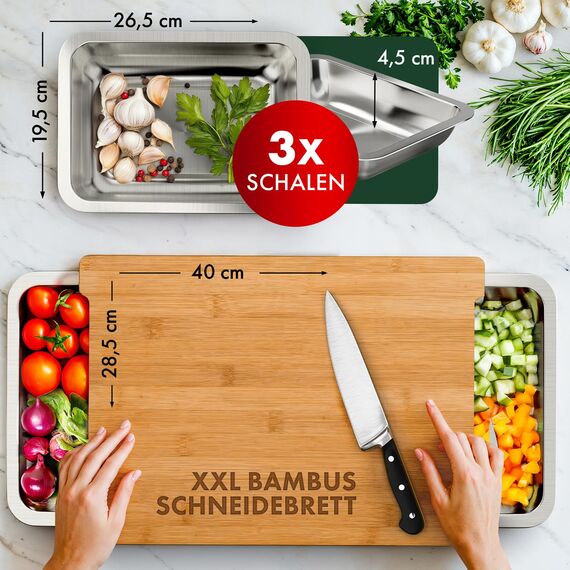 Blumtal Schneidebrett aus 100% Bambus mit 3 Auffangschalen aus Edelstahl (ofengeeignet) - antibakterielles Holz-Brett 40x28,5 cm - Holz-Brettchen - messerschonendes Bambus Schneidebrett