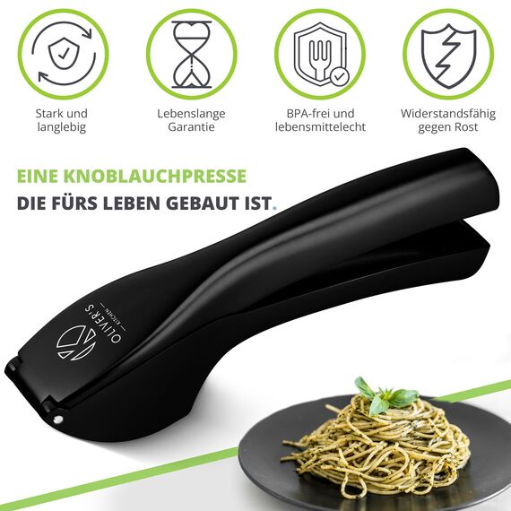 Oliver's Kitchen ® Premium Knoblauchpresse - Handlich & Leicht zu Reinigen - Zerkleinert Knoblauch & Ingwer Mühelos (Kein Schälen Nötig) - Extra Stark & Strapazierfähig