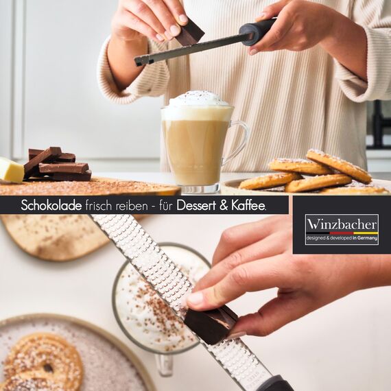 Winzbacher - Premium Zester Reibe I Parmesanreibe, Zitronenreibe, Muskatnuss Reibe, Ingwerreibe u.v.m. I rasiermesserscharfe Edelstahl Klinge I Spülmaschinenfest I inkl. Schụtz & Reinigungsbürste