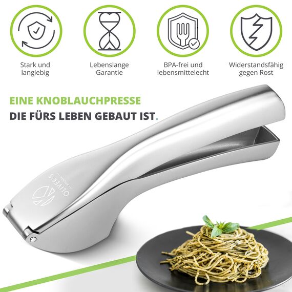 Oliver's Kitchen ® Premium Knoblauchpresse - Handlich & Leicht zu Reinigen - Zerkleinert Knoblauch & Ingwer Mühelos (Kein Schälen Nötig) - Extra Stark & Strapazierfähig