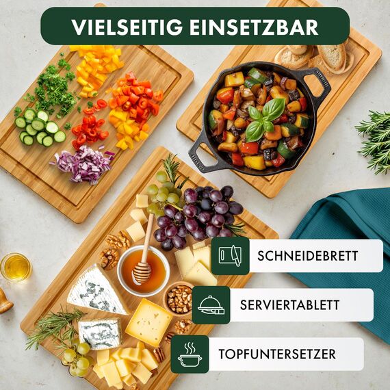 Blumtal Schneidebrett aus 100% Bambus XXL - 2cm dickes Holzbrett antibakteriell - massives Schneidebrett Holz + Saftrille - Holzschneidebrett 45x30x2cm - Alternative zu Kunststoff