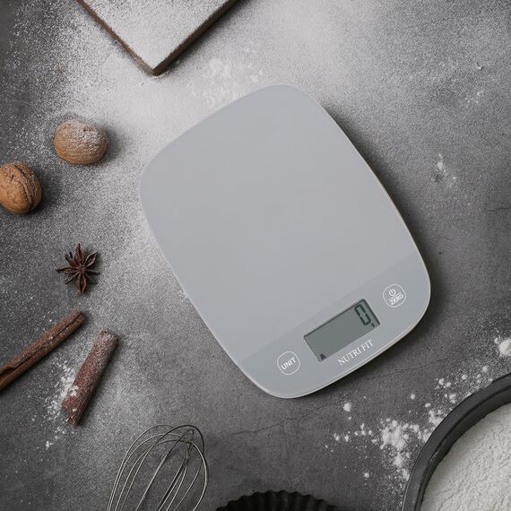 NUTRI FIT Digitale Küchenwaage, ultradünn, elektronische Multifunktionsküchenwaage, großes Display, Kunststoffplattform, 5 kg, Grau