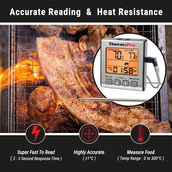 ThermoPro Digitales Fleischthermometer Grillthermometer Bratenthermometer Ofenthermometer mit Timer und Hinterbeleuchtung Temperaturbereich bis 300°C Küchenthermometer für BBQ Grill Smoker