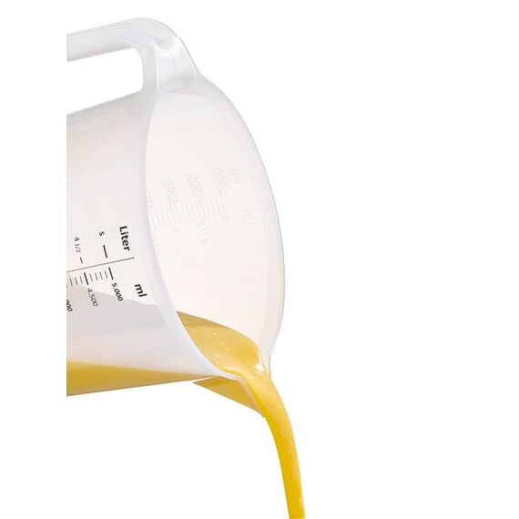 APS Messbecher 5 Liter, Ø 20,5 x H: 25,5 cm, Kunststoffbecher mit geprägter Maßskalierung außen, geschlossener Griff, 1- und ml-Liter- Einteilung, spülmaschinengeeignet