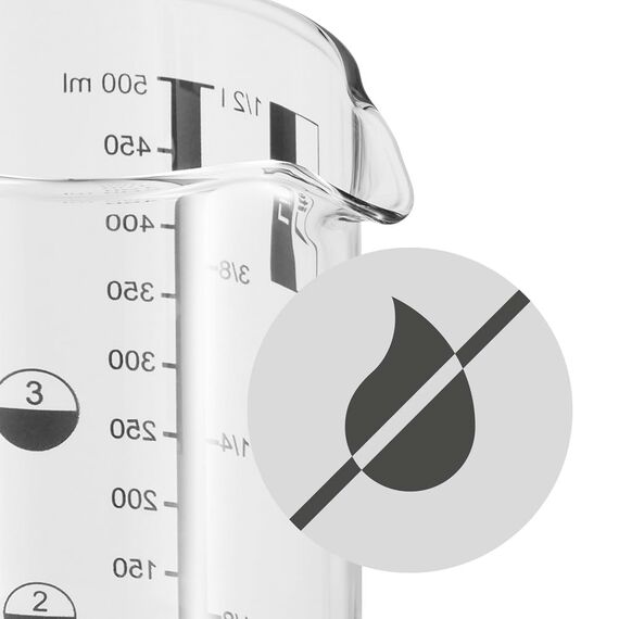 WMF Gourmet Messbecher Glas 500 ml, hitzebeständiges Glas, Messbecher 500ml, Skalierung für Liter, Milliliter, Tassen und Gramm